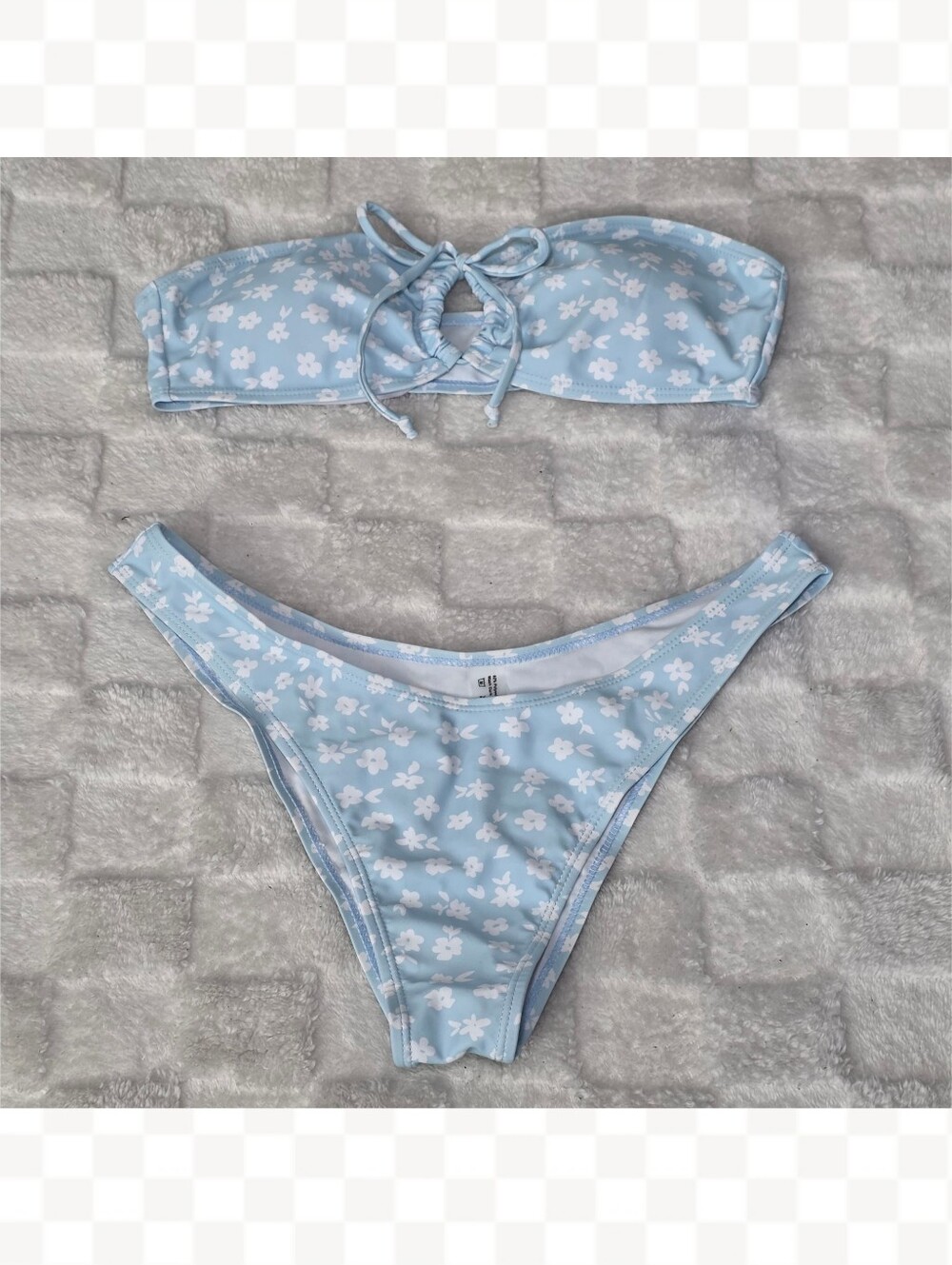 Floral Print Bandeau Top + Bikini Bottom Matching Swimwear Set Blue Size M NWOT